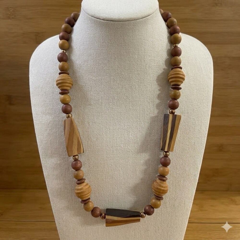 Vintage Napier Chunky Wooden Bead Necklace - 1970s Boho Ethnic Style 18”